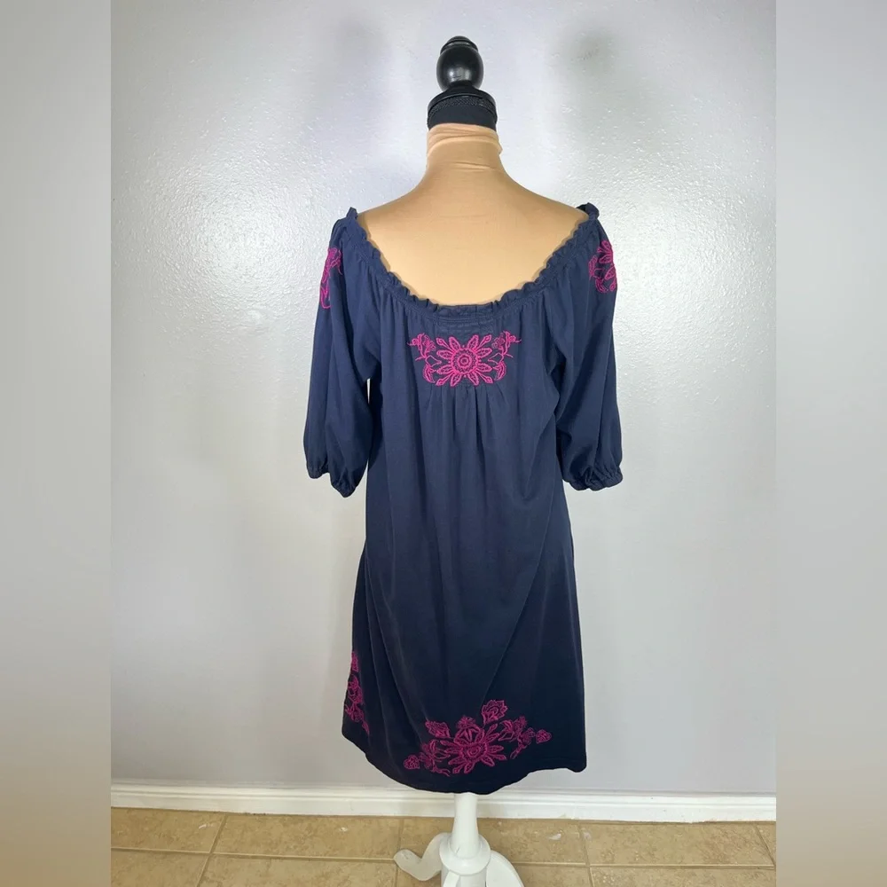 Johnny was navy floral embroidered off shoulder pockets dress M boho artisanal - Picture 3 of 8
